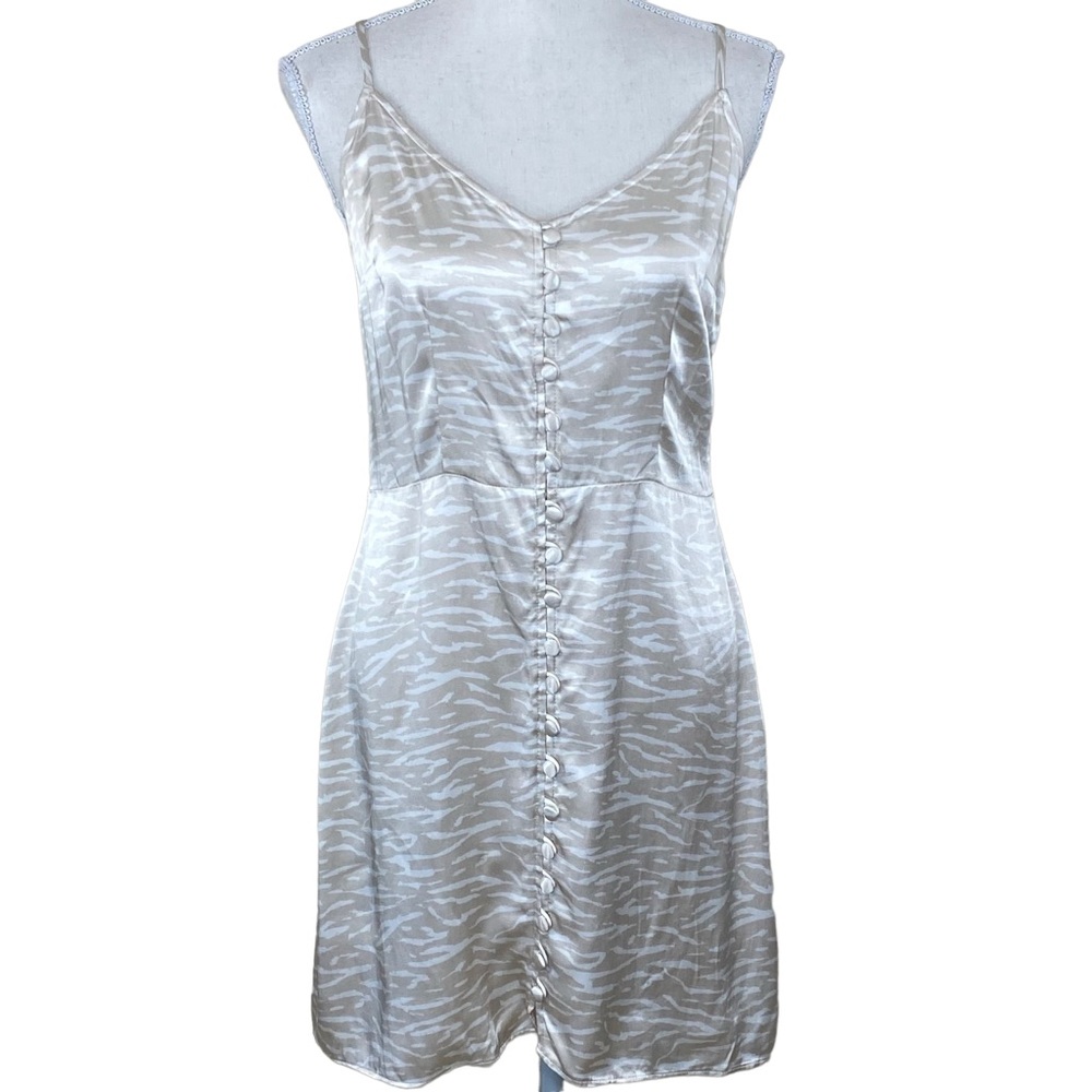 Abercrombie Fitch Cream Satin Tiger Stipe Slip Dress Size Medium Side Zip Flaw